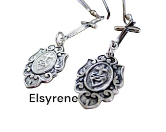 Sterling Silver Sacred Heart Cross Earrings: Milagros Ex Votos