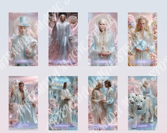 Könnte beinhalten: Acht Tarotkarten mit Illustrationen von Figuren in Pastellfarben. Die Karten umfassen den Narren, den Magier, die Hohepriesterin, die Kaiserin, den Kaiser, den Hierophanten, die Liebenden und den Wagen. Der Hintergrund ist ein weiches Rosa und Blau.