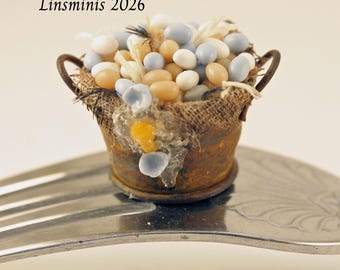 12th Scale Handmade Dollhouse Miniature **Rusty Bucket of Farm Fresh Eggs**
