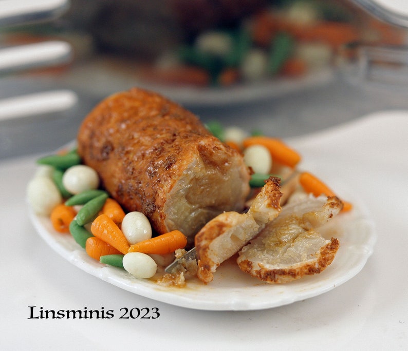 12th Scale Handmade Dollhouse Miniature Roast Rolled Pork & Veg image 1