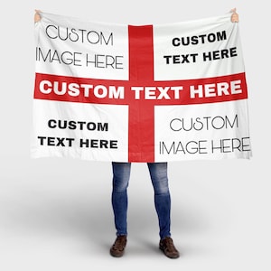 May include: A person holding a white flag with a red cross. The flag has the text "CUSTOM IMAGE HERE", "CUSTOM TEXT HERE", "CUSTOM TEXT HERE", "CUSTOM TEXT HERE", and "CUSTOM IMAGE HERE" printed on it.