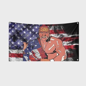 May include: A tapestry featuring a cartoon illustration of a muscular man with a red bandana that reads "Hulk Hogan Power". The background is a stylized American flag with red, white, and blue colors.