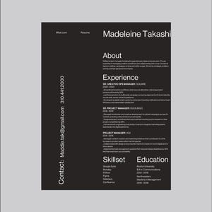Plantilla de currículum vitae en blanco y negro con tipografía limpia, diseño minimalista, Canva, simple y profesional