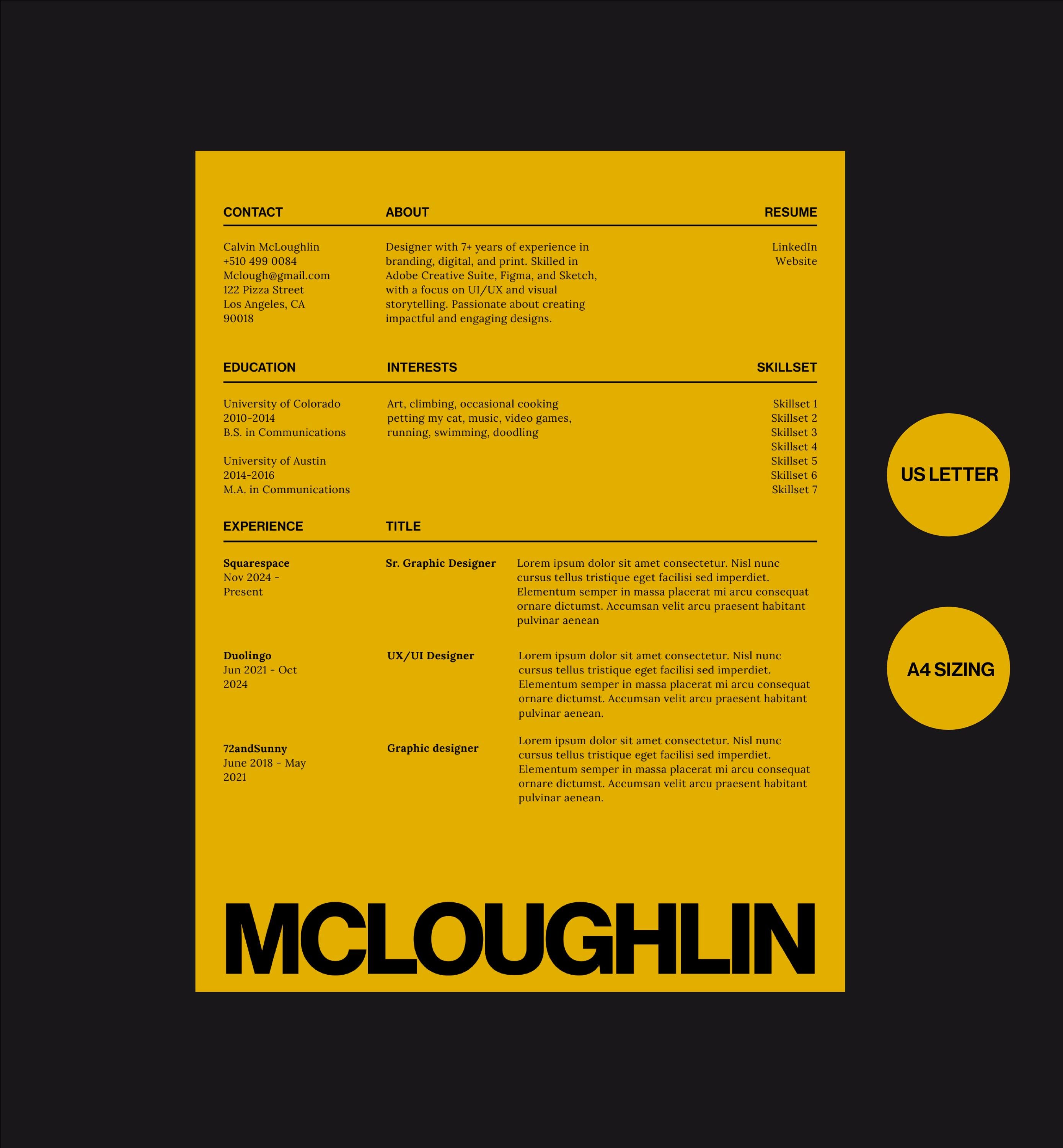 Creative Resume Template CV + Cover Letter Modern Type Design - Yellow ...