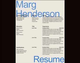 Clean Creative Professional Resume Template CV Minimalist Type Design - Blue, Beige, White Canva US Letter + A4 Size with Cover Letter