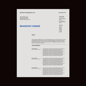 Puede incluir: Una plantilla de currículum vitae en blanco y negro con el nombre Brandon Tanner en la parte superior. El currículum incluye información de contacto, educación, habilidades y experiencia laboral.