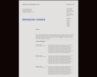 Type Creative Resume Template CV Minimalist Clean Design - Blue, Grey, Black Canva Simple Minimal Resume Template with Cover Letter