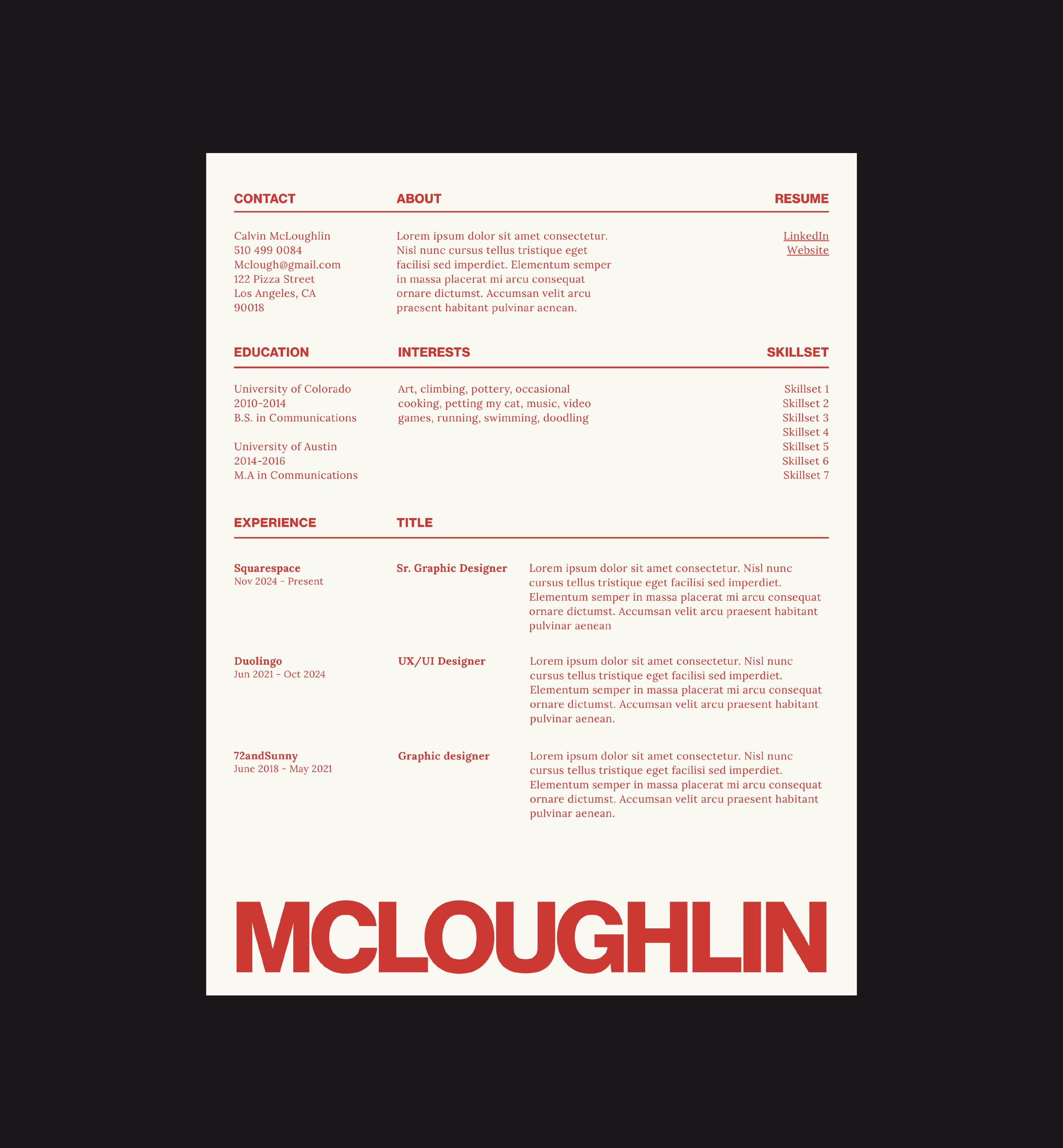 Clean Creative Canva Professional Resume Template CV Minimalist Type Design - Red, Beige, White US Letter + A4 Size with Cover Letter