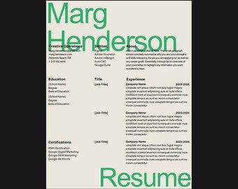 Clean Creative Resume  and Cover Letter Template CV Minimal Type Design - Green, Beige, Black Canva Simple Professional US Letter + A4 Size