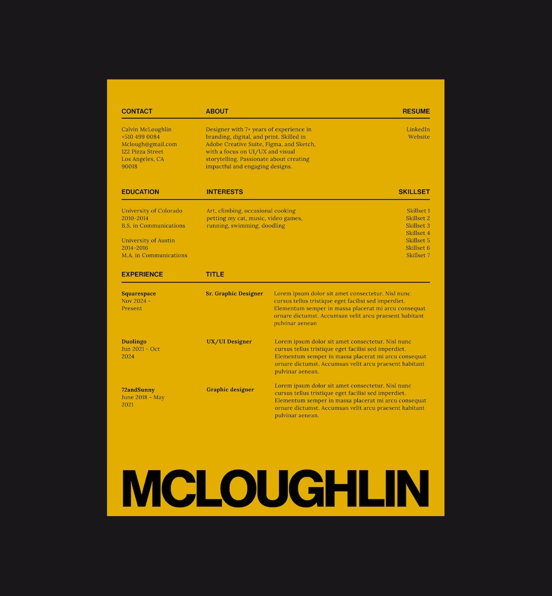 Creative Resume Template CV + Cover Letter Modern Type Design - Yellow ...