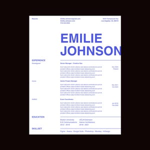 Plantilla de CV minimalista y creativa (azul cobalto y blanco) con carta de presentación.