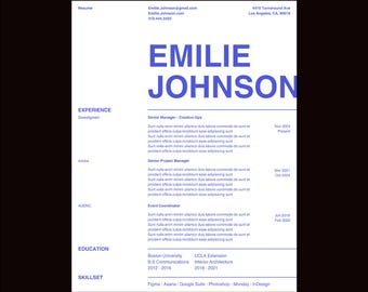 Clean Creative Professional Resume Template CV Minimalist Type Design - Cobalt Blue, White, Canva Simple with Cover Letter US Letter + A4