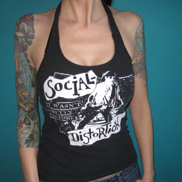 madfoxes diy SOCIAL DISTORTION shirt rockabilly halter top Medium