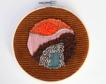 6-Inch Embroidered Beaded Wall Art on Corduroy, Hoop, Handmade Abstract Fiber Art, Earth Tone Textile Decor, Boho Home Accent