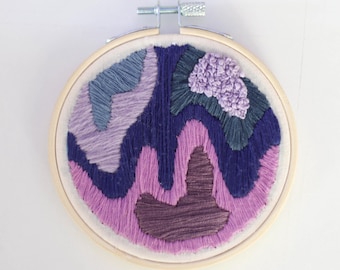 4-Inch Purple and Navy Embroidery Hoop Art, Abstract Embroidery Wall Hanging, Handmade Modern Fiber Art, Small Boho Decor, Unique Gift Idea