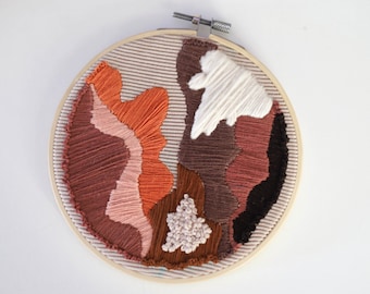 6-Inch Earth Tone Embroidery Hoop Wall Art, Handmade Abstract Fiber Art, Boho Neutral Home Decor, Modern Textile Wall Hanging