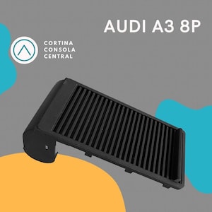 Può includere: Griglia della console dell'auto nera per un'Audi A3 8P. La griglia ha una forma rettangolare con una serie di lamelle verticali parallele. Il testo "AUDI A3 8P" è visualizzato in bianco, insieme al testo "CORTINA CONSOLA CENTRAL".