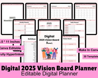 2025 Vision Board Planner, Editable Canva Template for KDP, Goal Setting, Manifestation, Personal Growth, Productivity, Self-Care
