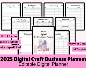 May include: A digital craft business planner with 53 templates for 2025. The planner includes pages for creative goals, monthly sales, craft inventory, income tracker, online shopping, a 2025 calendar, branding kit, price list, and customer journal. The planner is 8.5 by 11 inches and is fully hyperlinked. The planner is designed to be used in Canva.
