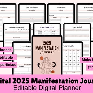 May include: A digital planner for 2025 with a pink and brown colour scheme. The planner includes a calendar, manifestation journal, and mindfulness pages. The text "2025 MANIFESTATION JOURNAL" is displayed on the cover. The planner is 8.5 by 11 inches and can be edited in Canva.