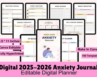 Diario de ansiedad 2025 / Planificador de salud mental 2025 / Rastreador de estado de ánimo digital / Diario de cuidado personal / Plantilla A4 editable de 62 páginas
