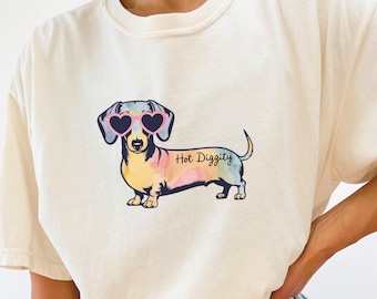 Dachshund Hot Diggity Watercolor Pink Sunglasses Comfort Colors Shirt Gift Dachshund Lover Wiener Dog Doxie Mom Weenie Dog Tee Plus Size