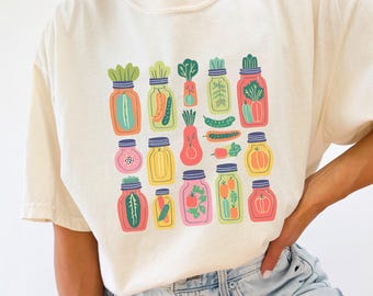 Colorful Linocut Pickle Veggie Illustration Comfort Colors TShirt Cozy Unisex Gift for Foodies Gardening Enthusiasts Garden Girl Aesthetic
