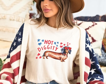 Camiseta de perro salchicha Hot Diggity con colores patrióticos y cómodos, regalo del 4 de julio, para mamá perro salchicha, camiseta para perro salchicha, amante de los perros salchicha, talla grande