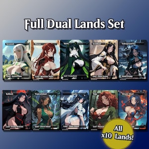 May include: A set of ten illustrated trading card game lands. Each card features a female character in a fantasy setting. The cards are labeled with land types such as "Savannah", "Bayou", and "Volcanic Island". The text "Full Dual Lands Set" is at the top.