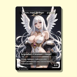 May include: A black card featuring the illustration of a white-haired angel with large white wings. The angel wears a white and gold outfit. Text on the card reads "Avacyn, Angel Of Hope" and "Legendary Creature - Angel". The card has a power and toughness of 8/8.