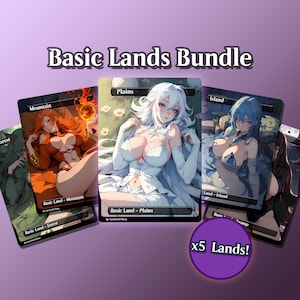 May include: A bundle of five Basic Lands cards featuring fantasy art. The cards include Mountain, Plains, Island, Forest, and Swamp. The cards have a purple background with the text "Basic Lands Bundle" and "x5 Lands!"