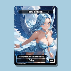 K&ouml;nnte beinhalten: Eine Sammelkarte mit einer blauhaarigen Frau mit blauen Fl&uuml;geln, die ein blaues Kleid tr&auml;gt. Die Karte tr&auml;gt oben die Aufschrift "Bird Illusion" und unten "Token Creature - Bird Illusion" und "Flying". Sie hat eine St&auml;rke und Z&auml;higkeit von 1/1.