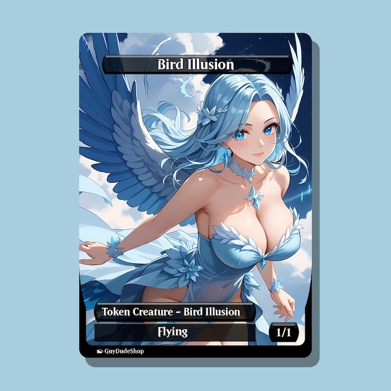 K&ouml;nnte beinhalten: Eine Sammelkarte mit einer blauhaarigen Frau mit blauen Fl&uuml;geln, die ein blaues Kleid tr&auml;gt. Die Karte tr&auml;gt oben die Aufschrift "Bird Illusion" und unten "Token Creature - Bird Illusion" und "Flying". Sie hat eine St&auml;rke und Z&auml;higkeit von 1/1.