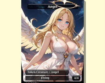 May include: A trading card featuring an illustration of an angel with long blonde hair, blue eyes, and white wings. The card has the text "Angel", "Token Creature - Angel", and "Flying". The card is 4/4.