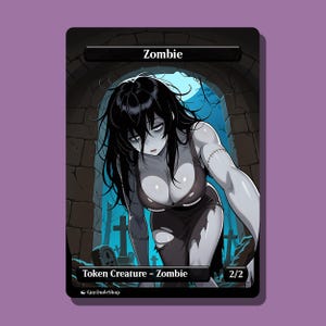 May include: A fantasy art card featuring a zombie character. The card has a black border with the word "Zombie" at the top. The illustration depicts a female zombie with black hair, gray skin, and a torn dress. The card also includes the text "Token Creature - Zombie" and "2/2".