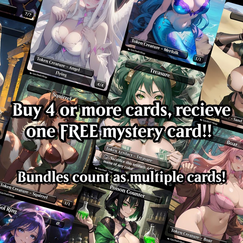 The image is a collage of various anime-style illustrations, including characters and scenes, with a message encouraging the purchase of multiple mystery cards to receive a free one.
