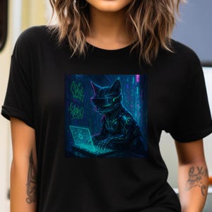 Cyberpunk Cat Unisex Tee, Futuristic Animal Top, Cyberpunk Clothing, Cat Lover Shirt