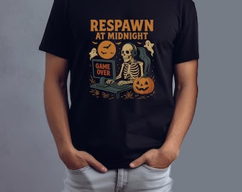 Halloween Gamer Shirt, Respawn at Midnight, Gamer Skeleton Tee, Spooky Gaming T-Shirt, Unisex Gaming Skeleton Top, Skeleton Halloween Gamer