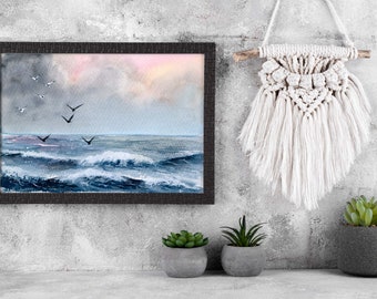 Dramatisches Meer mit Vögeln Aquarell Original Kunstdruck, Meereskunst Wanddekoration, Beruhigendes Meeresaquarellgemälde, Pinky Sky See Landschaftsposter
