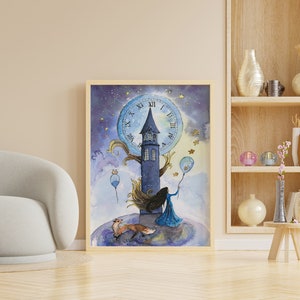 Surreale und verträumte Feenturm Wandkunst, Kunstdruck für Kinderzimmer, Glockenturm, Imaginäre Feenwelt Illustration