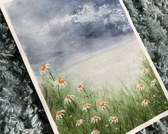 Kamillenwiese Aquarell Kunstdruck, Wohnzimmer Blumen Wanddekoration, Frühlingsblumen Landschaft Aquarell Poster, Geschenk für Naturliebhaber