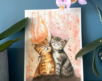 Hugging Cats Aquarell Art print, Katzenliebe Aquarell Art print, Kinderzimmer Wanddekor, Katzen Person Geschenk, Liebe Wanddekor, Loving Cats Poster