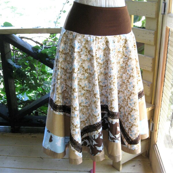 Fall Romance Patchwork Circle Skirt with brown cotton cluny lace trim - customizable - wheat, blue, brown