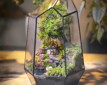 Geometric Terrarium with Cottage, Tree of Life, Stream, Preserved Moss Landscape Terrarium Plants Fairy Garden Home Decor Nature Lover Gift