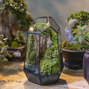 Geometrisches Terrarium mit Moos, Berg, Pilzhaus und Bach, Zen-inspiriertes Dekor, einzigartige Geschenke, entfliehen Sie der Hektik des Lebens