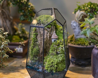Geometric Terrarium with Moss, Mountain, Mushroom House and Stream, Zen Inspired Decor, Unique Gifts, Escape the Hustle and Bustle of Life