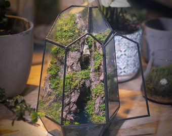 Handmade Geometric Terrarium with Door, Preserved Moss Art Terrarium, Spring Water, Peaceful Valley Mountain Landscape for Home Office Decor