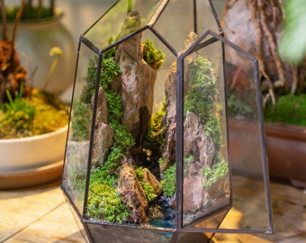 Geometric Terrarium with Mountain, Stream, Preserved Moss Mini Ecosystem Valley Landscape Mountain Terrarium with Door Home Desk Decor Gift