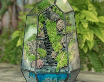 Terrarium Preserved Moss with Stone Staircase, Pond and Rocks, Geometric Terrarium Moss, Mountain Terrarium, Miniature Landscape, Zen Garden