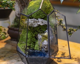 Geometrisch terrarium bewaard mos, schattig dier, rots, bergbronnen landschap uniek plantdecor mini-ecosysteem mosterrarium met deur